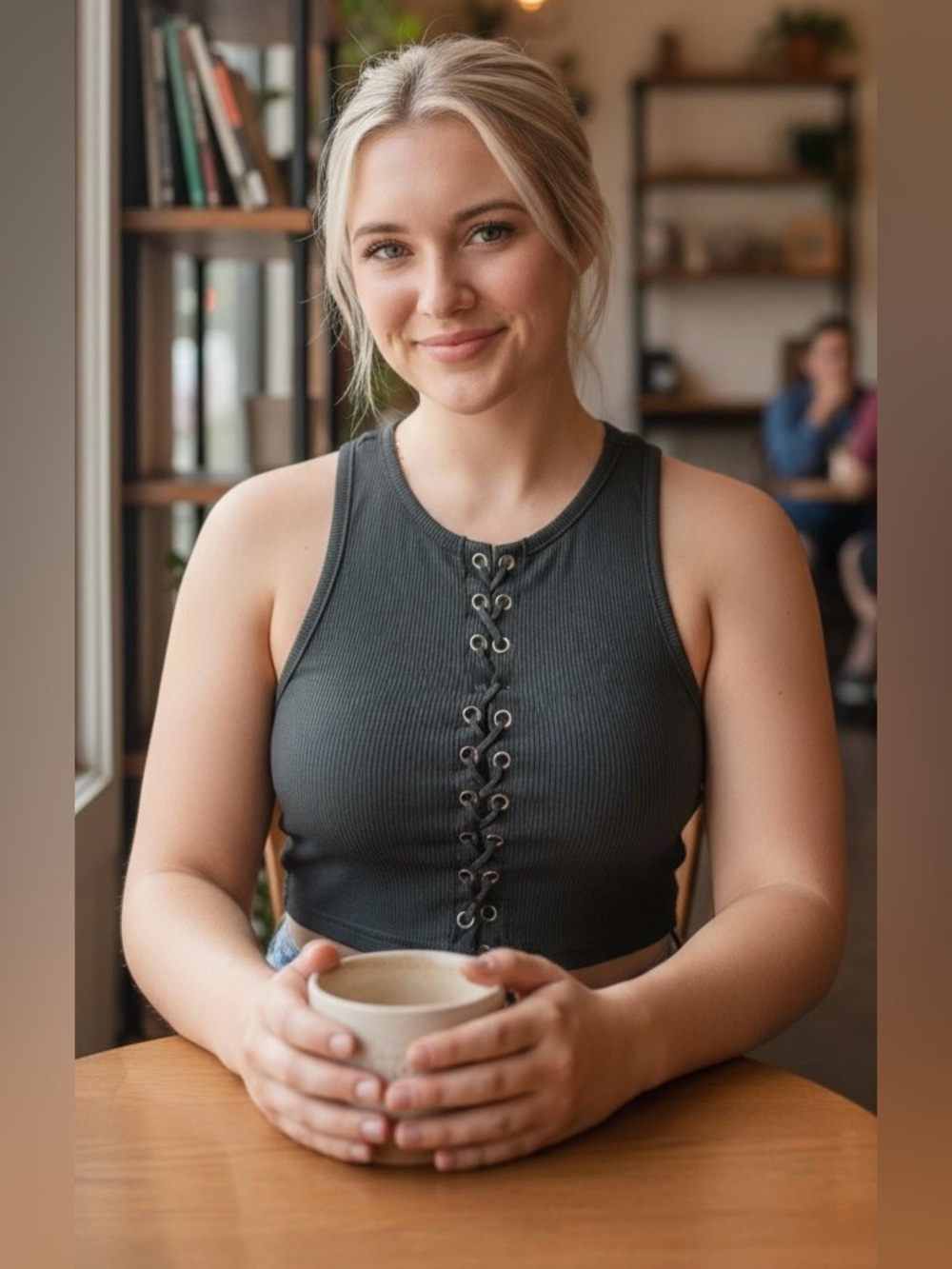 Lace-Up Ribbed Tank Top - Charcoal